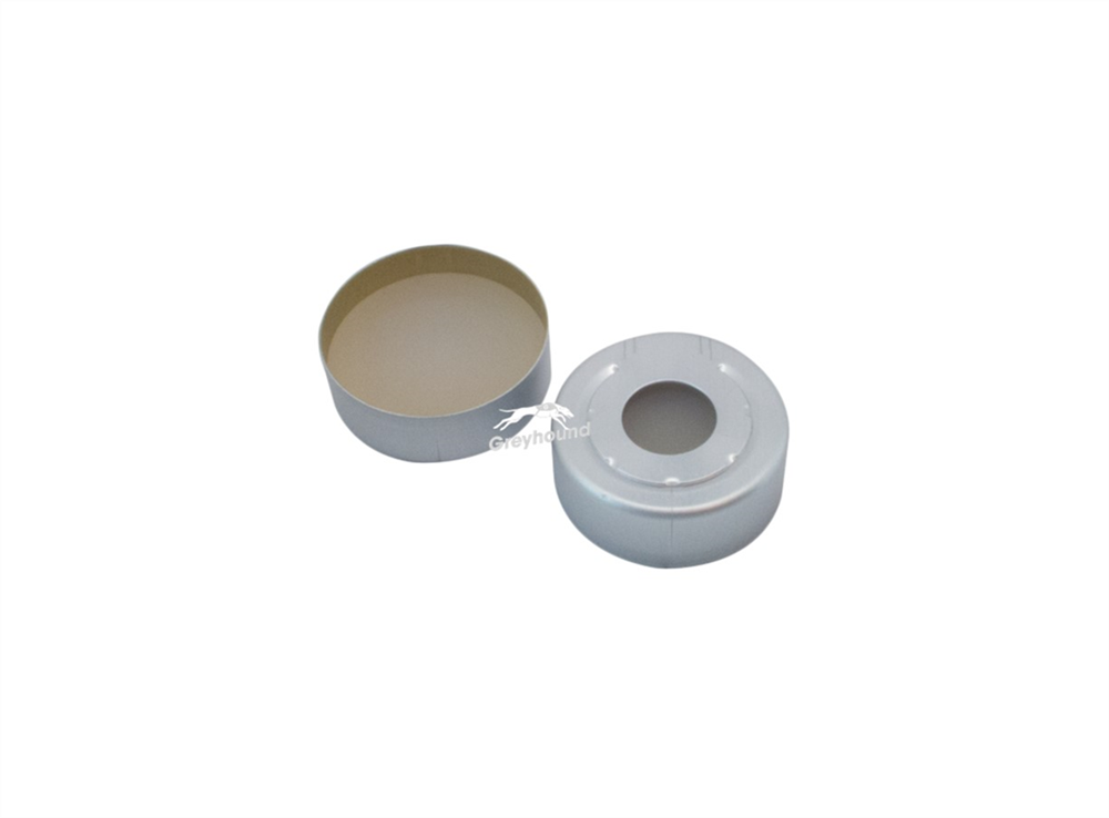 Picture of 20mm Aluminium Headspace Crimp Cap, Silver, Open 10mm Hole with Beige PTFE/Cream Silicone Q-SEP Septa, 3.2mm, (Shore A 45)